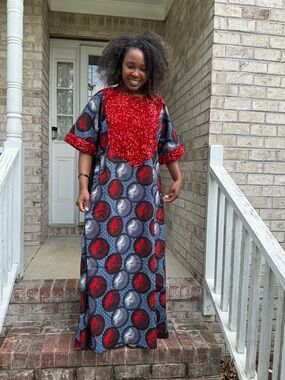 African Ankara Print with Red Sequin-Accent Maxi Dress with Bold Circular Print